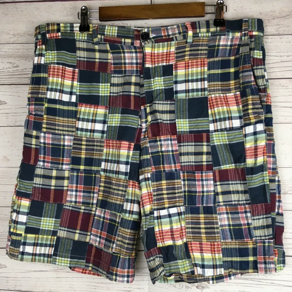 Bowen‎ & Wright Mens Shorts 38 Plaid Patchwork Flat Front India Cotton Summer